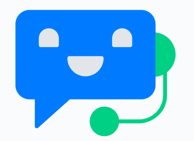 Blue chat bubble icon with a happy face and a green headset attached on the right side.